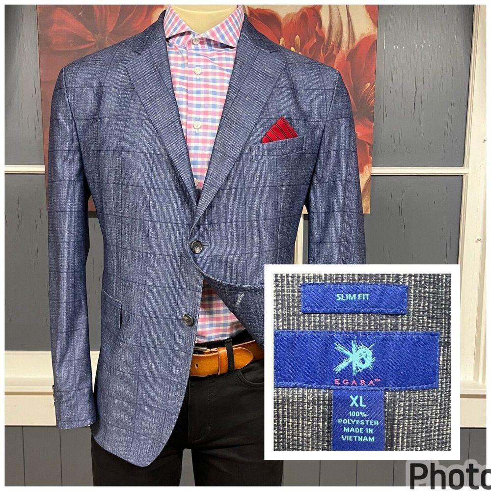 Egara Sport Coat Mens XL Slim Fit‎ Polyester Jacket Unstructured Blazer Blue